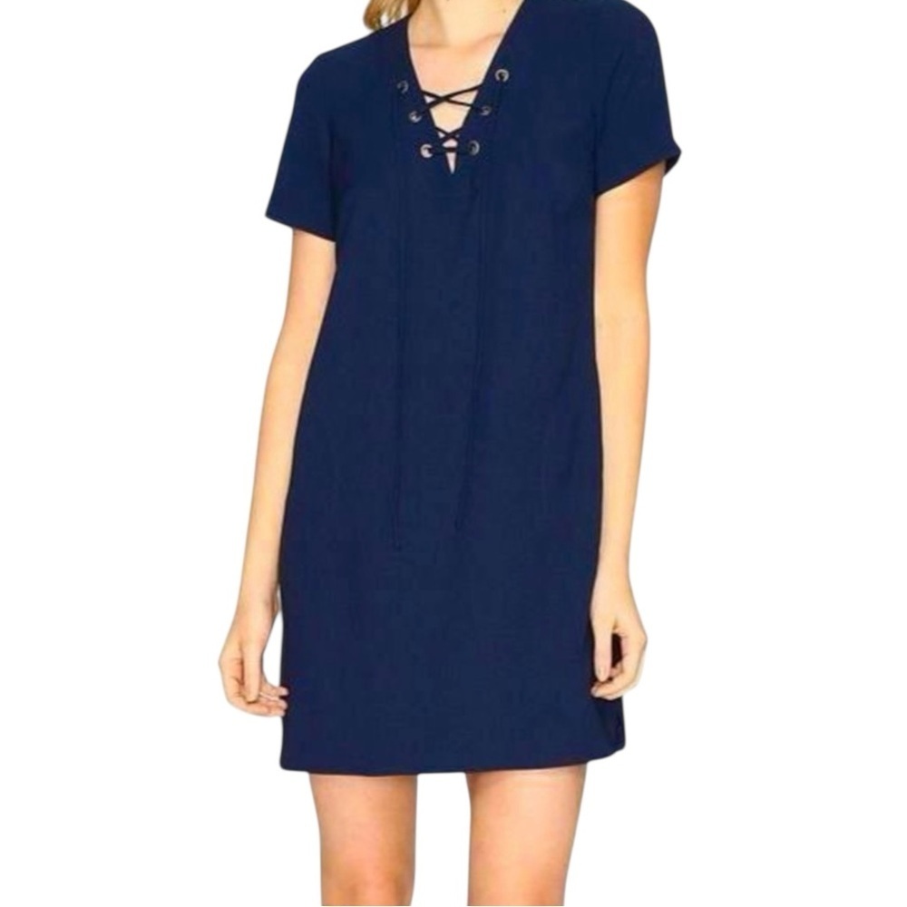 Catherine Malandrino Navy Blue Lace Front Grommet Shift Dress w/ Pockets Small